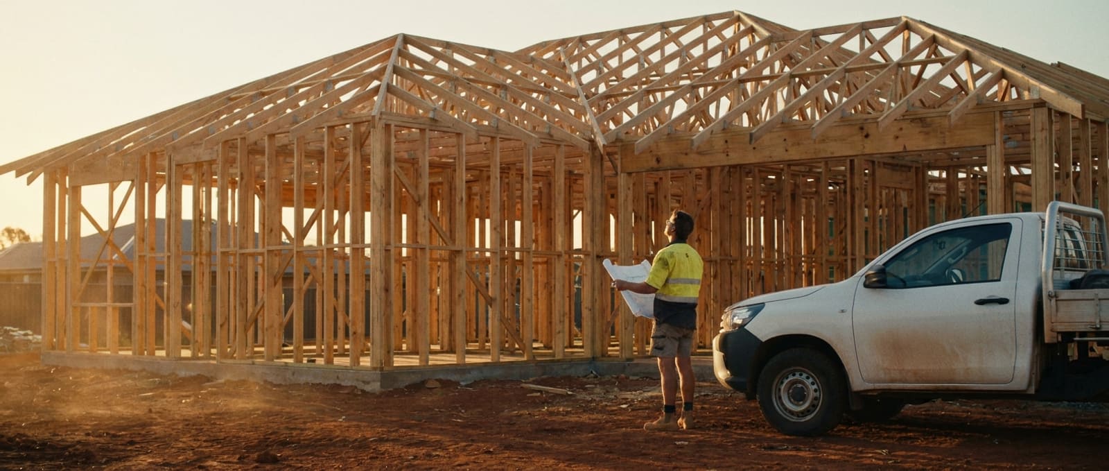 A builder reviewing plans at a timber-framed house build (illustrative image)